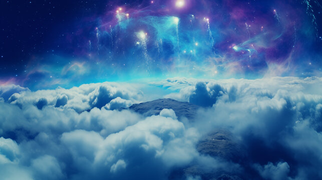 The sky, covered with clouds, with bright lights.Blue background to create a sense of wonder and inspiration.