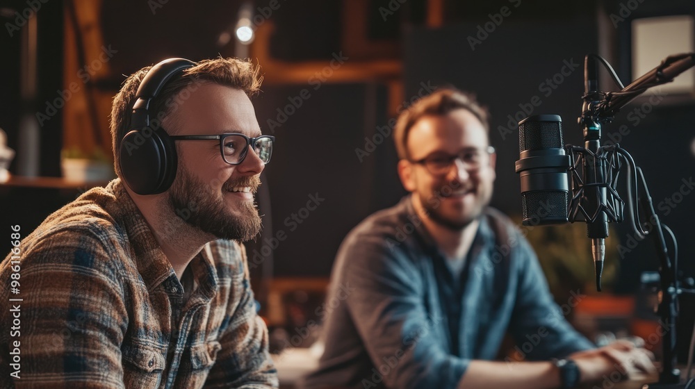 Poster Two men smiling while recording in a studio setting with microphones and headphones.