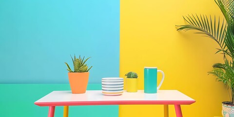 Fototapeta premium Colorful Table with Plants and Cup