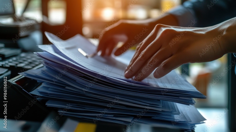 Poster hands organizing a stack of documents on a desk, indicating work or administrative tasks.