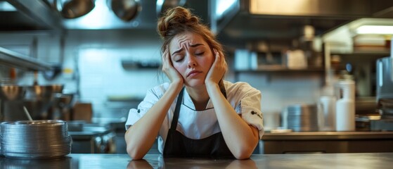 A stressed chef sits in a kitchen, resting her head in her hands, reflecting exhaustion.