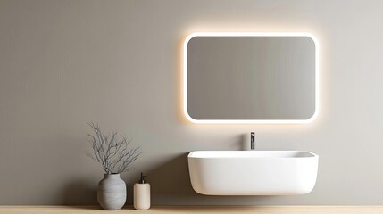 Rectangular frameless mirror with soft lighting in a gray minimalist bathroom, minimalist bathroom mirror, sleek simplicity