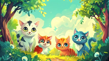 Cute Cartoon Cats Illustration in Nature