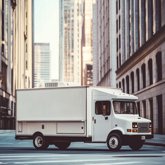 Naklejka premium delivery truck on empty city street with tall buildings. a white delivery truck parked on an empty street in a city with tall buildings. ideal for urban logistics, delivery services, or transportation