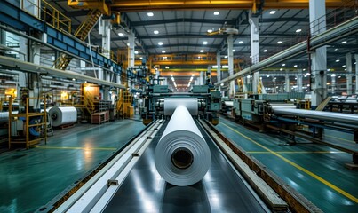 Fototapeta premium Large industrial printing press machine with rolled paper in a spacious factory.