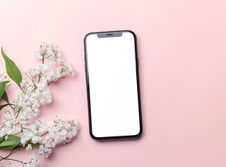 White Flowers and Smartphone on Pink Background