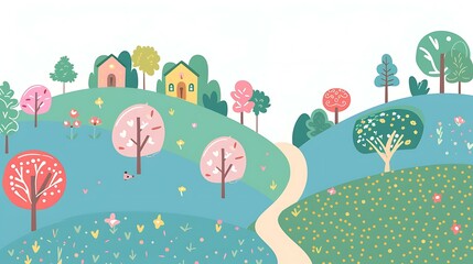 Spring Landscape with Houses and Trees