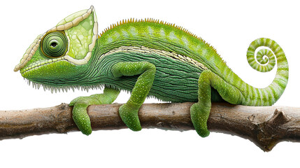 Obraz premium A vibrant green chameleon perched on a branch, showcasing its incredible camouflage and adaptability. Its coiled tail and curious eyes highlight nature’s clever design isolated transparent background