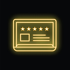 Neon icon of customer review rating on laptop screen on black background