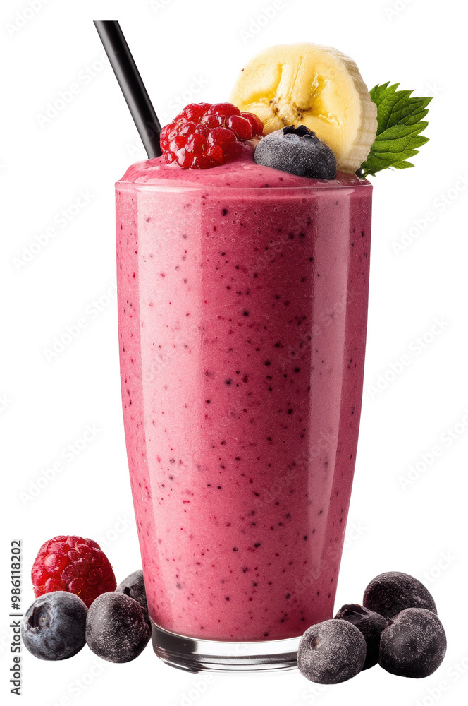Poster refreshing berry smoothie with banana garnish isolated on transparent background