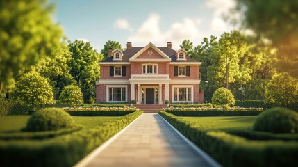 Brick house with a manicured lawn and walkway.