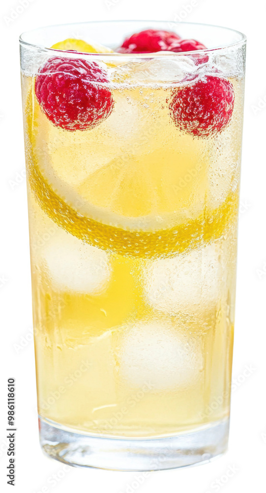 Poster refreshing summer drink with lemon and raspberries isolated on transparent background