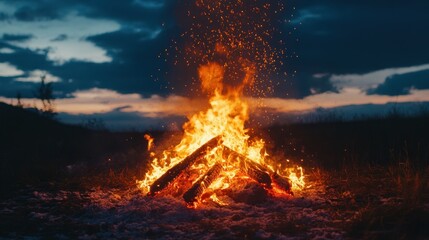 A blazing campfire with sparks flying in the air under a dramatic night sky.