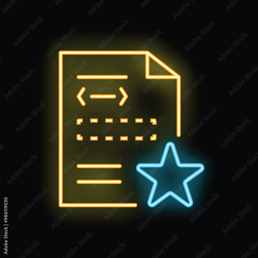 Poster neon icon of a document with code, receiving a five star rating