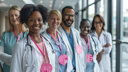 Healthcare Team in Pink Ribbons for Breast Cancer Awareness in Hospital Lobby