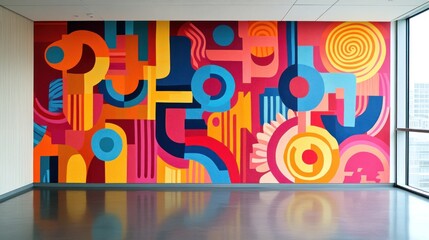 Colorful Abstract Mural with Geometric Shapes and Patterns on a Wall.