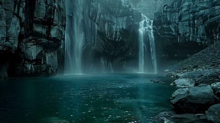 Waterfall in the Rock Cliff