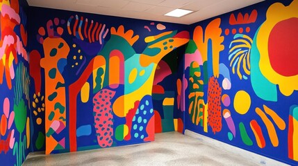 Abstract colorful mural on blue wall with a concrete floor.