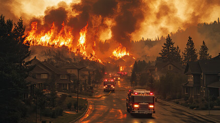 A neighborhood engulfed in flames during a wildfire, with fire trucks and firefighters battling the blaze, capturing the intensity and danger of firefighting efforts.