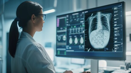 Doctor Analyzing 3D Mammogram Scan on Digital Monitor in Modern Medical Facility