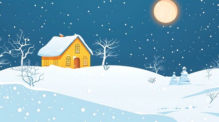 Naklejka premium Snowy Winter Night Landscape with House and Trees