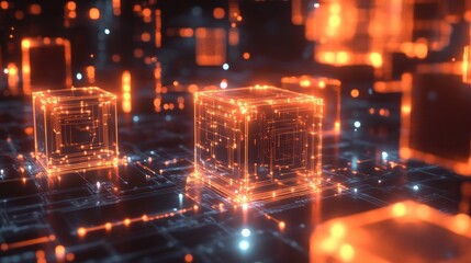 Glowing Orange Cubes on Circuit Board with Abstract Lines.