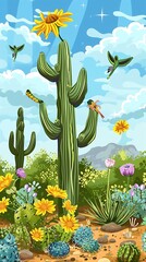 Desert Cactus Landscape With Yellow Flowers