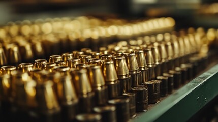 Close-up of gold bullet casings in a row on a green surface.