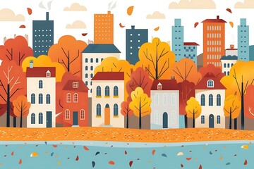 Autumn Cityscape with River and Buildings