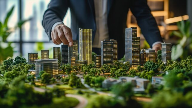 Close-up of a businessman's hand pointing at a model city with tall skyscrapers and lush greenery.