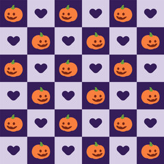 Fototapeta premium Cute Pumpkin and Heart Checkerboard Pattern. Halloween Pumpkins and Hearts Pattern Design.