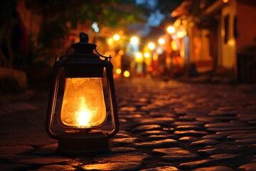 Serene night street with single illuminated oil lamp on cobblestone ground