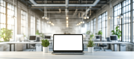 Laptop Mockup in a Modern Office with Natural Lighting - Transparent PNG Banner Perfect for Web Design, Tech Products, and Innovative Workspace Solutions