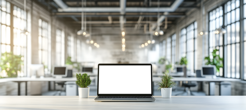 Laptop Mockup in a Modern Office with Natural Lighting - Transparent PNG Banner Perfect for Web Design, Tech Products, and Innovative Workspace Solutions