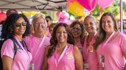 Diverse Group of Women Supporting Breast Cancer Awareness at Community Fair
