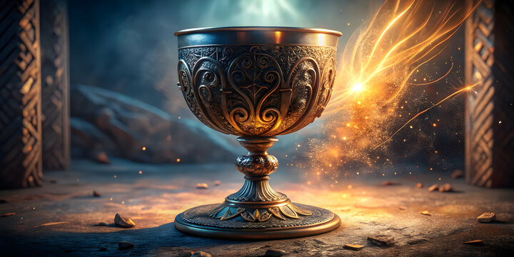 A large, magical goblet adorned with intricate, swirling patterns rests on a textured stone surface. The goblet has a faint glowing aura around it, suggesting ancient enchantment. Soft, mystical light