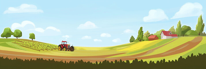A cute cartoon vector illustration flat cartoon of Green meadow landscape , farmland, farm, barn and country house and windmill. Green fields and trees. Blue sky on background. 