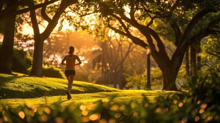 Obraz premium Morning Jog in Lush Park at Sunrise Symbolizing Active Lifestyle and Breast Cancer Prevention