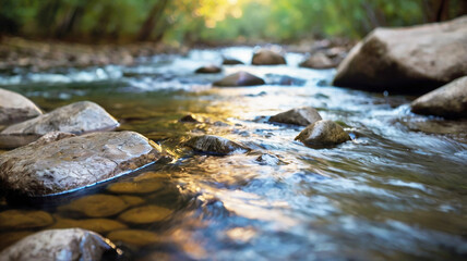 Blurred bokeh of a calm, flowing river
