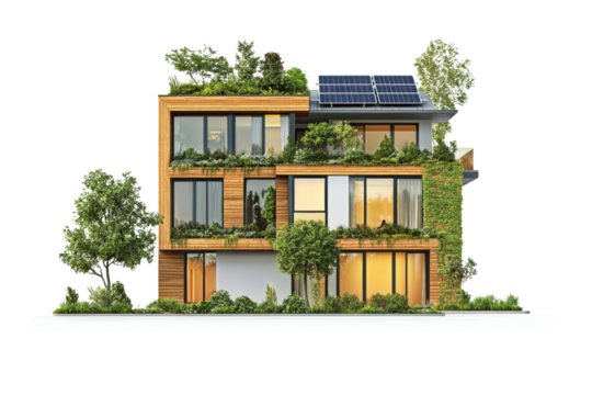 An innovative green home design with sustainable architecture featuring solar panels, rooftop garden, and energy-efficient windows isolated on white background
