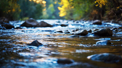 Fototapeta premium Blurred bokeh of a calm, flowing river