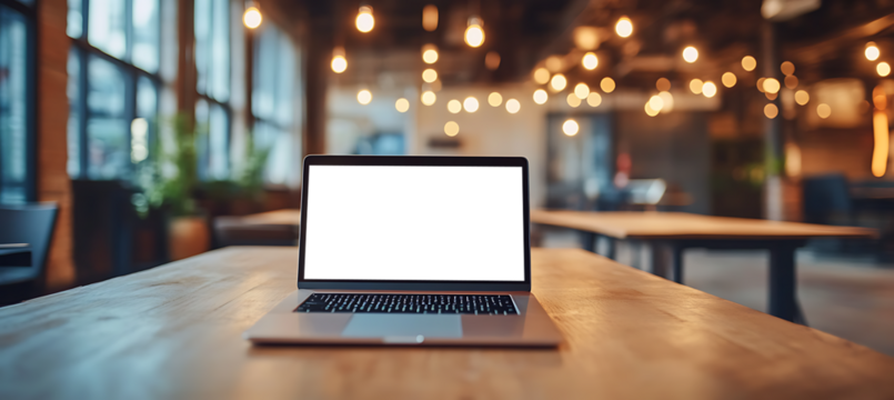 Laptop Mockup on a Minimalist Desk in a Bright Office - Transparent PNG Banner Tailored for Web Developers, Graphic Designers, and Business Professionals