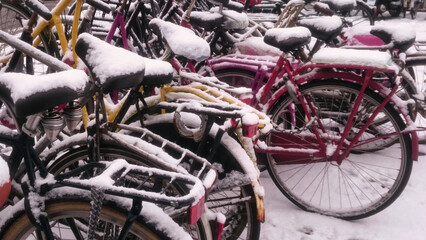 Bikes covered with snow