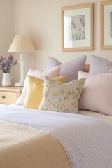 A serene bedroom with soft bedding, pastel pillows, and floral decor offers a tranquil retreat for relaxation