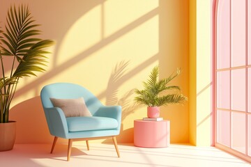 A welcoming lounge area featuring a light blue chair, pink pouf, and soft lighting, perfect for relaxation and comfort