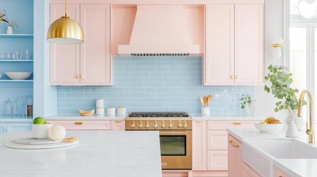 A modern kitchen features light pink cabinets and a soft blue backsplash, creating an airy, light-filled space