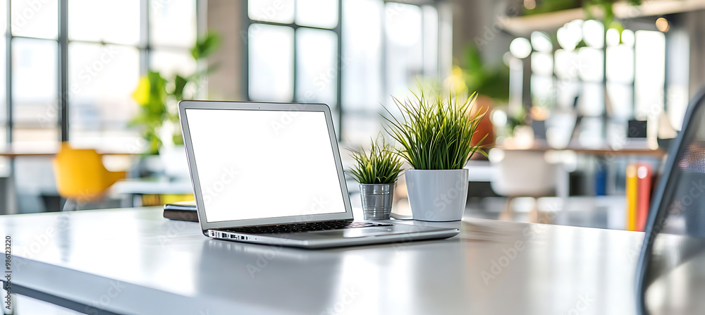 Canvas Prints laptop mockup on a minimalist desk in a bright office - transparent png banner tailored for web deve