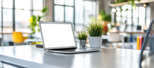 Laptop Mockup on a Minimalist Desk in a Bright Office - Transparent PNG Banner Tailored for Web Developers, Graphic Designers, and Business Professionals
