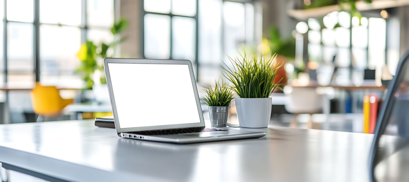 Laptop Mockup on a Minimalist Desk in a Bright Office - Transparent PNG Banner Tailored for Web Developers, Graphic Designers, and Business Professionals