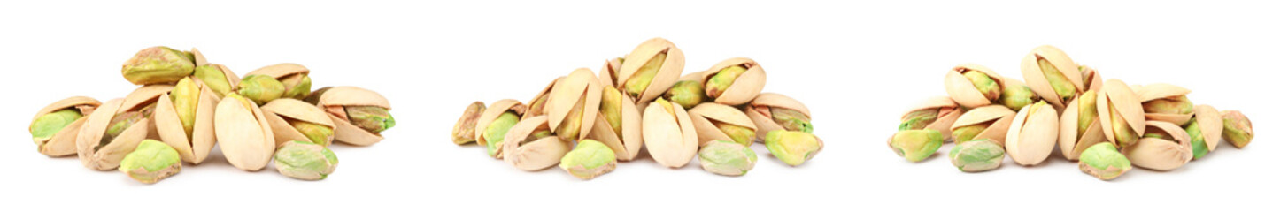 Delicious pistachios isolated on white, set. Tasty nut